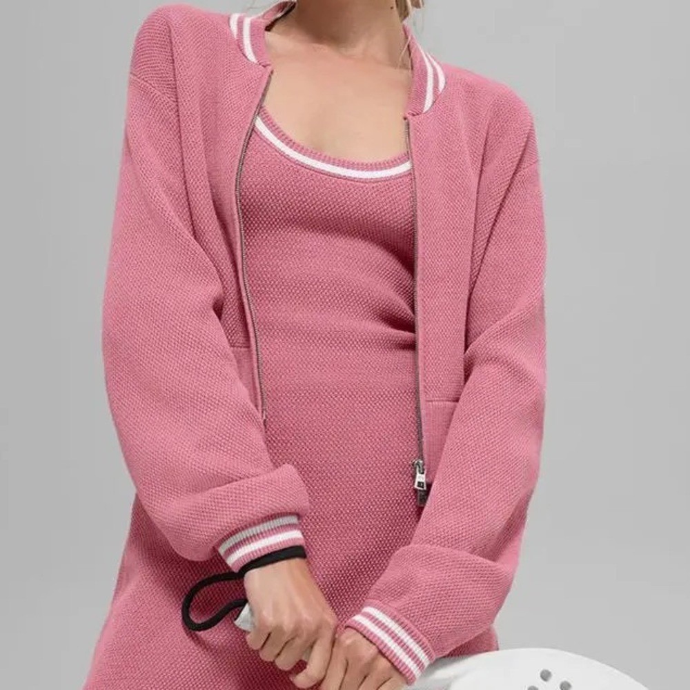 Alo Yoga Tennis Club Sweater Knit Full Zip Jacket Pink Wild Rose/White S